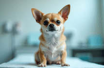 Chihuahua calme sur une table d'examen vétérinaire