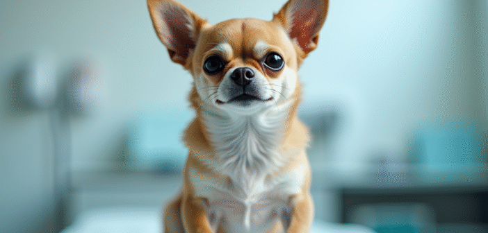 Chihuahua calme sur une table d'examen vétérinaire