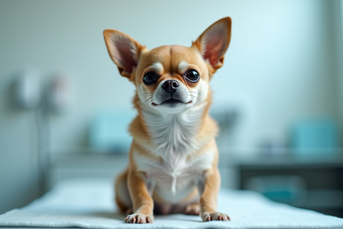 Chihuahua calme sur une table d'examen vétérinaire