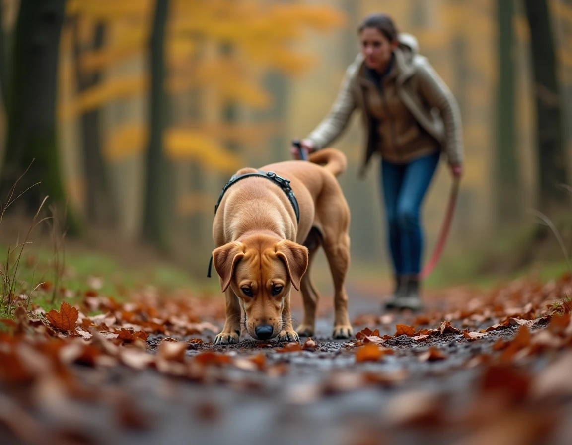 Chien reniflant des crottes de sanglier sur un sentier forestier, risque de contamination pour les animaux domestiques