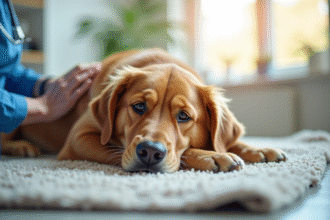 Chien doré senior allongé dans une clinique vétérinaire chaleureuse