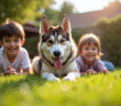 Chien berger allemand husky jouant avec deux enfants dans le jardin
