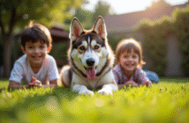 Chien berger allemand husky jouant avec deux enfants dans le jardin