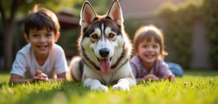 Chien berger allemand husky jouant avec deux enfants dans le jardin