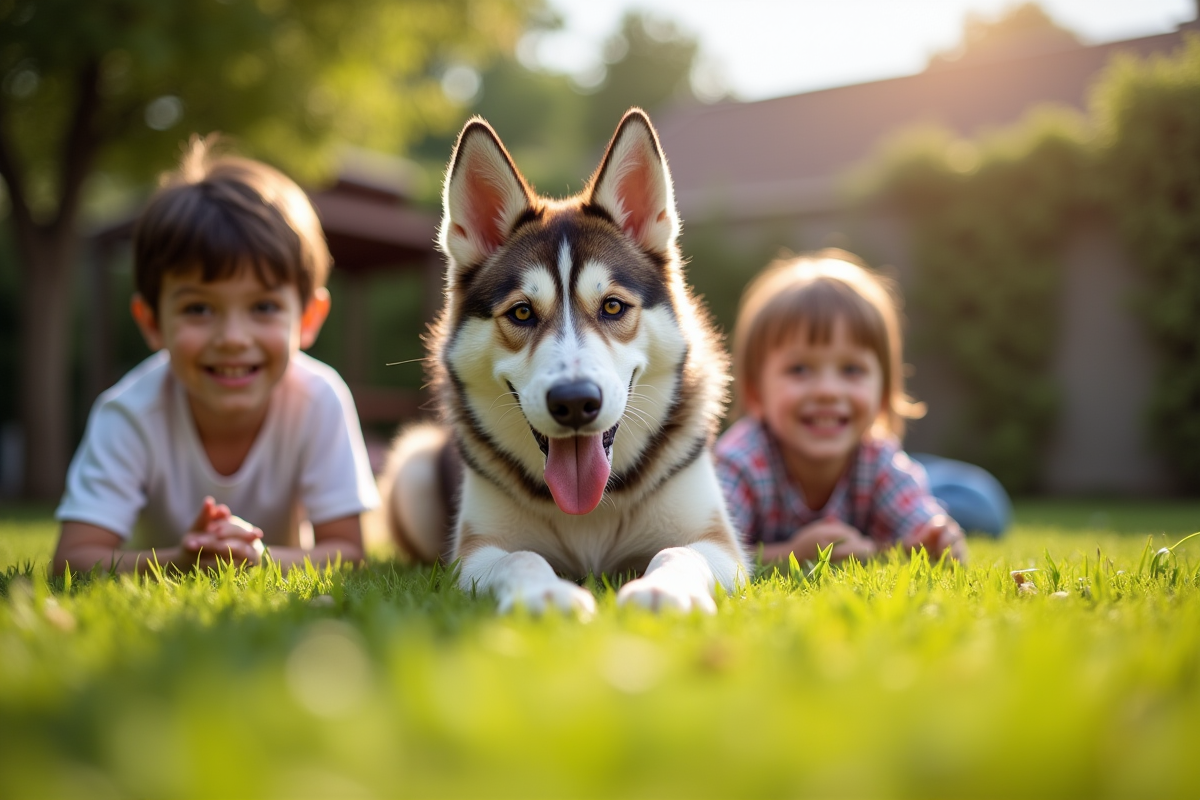 Chien berger allemand husky jouant avec deux enfants dans le jardin
