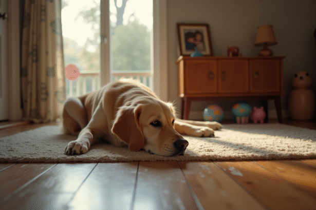 Golden retriever triste dans le salon regardant la porte