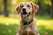 Chien heureux avec collier brillant dans un parc ensoleille