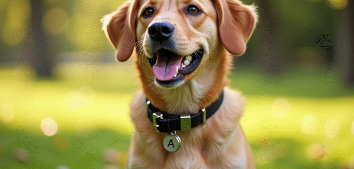 Chien heureux avec collier brillant dans un parc ensoleille