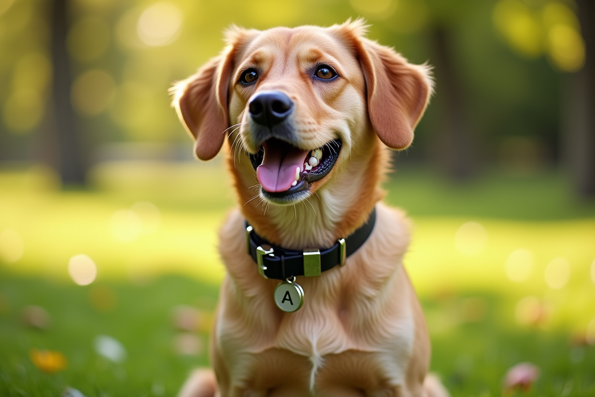 Chien heureux avec collier brillant dans un parc ensoleille