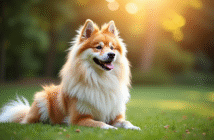 Chien keeshond assis sur la pelouse en lumière douce