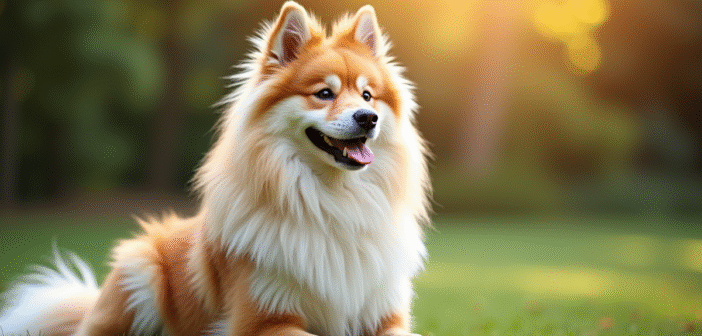 Chien keeshond assis sur la pelouse en lumière douce