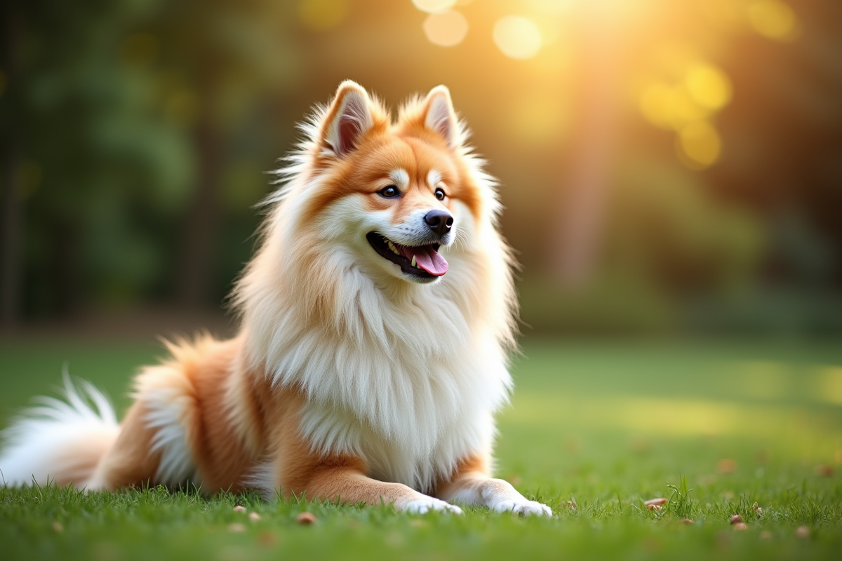 Chien keeshond assis sur la pelouse en lumière douce