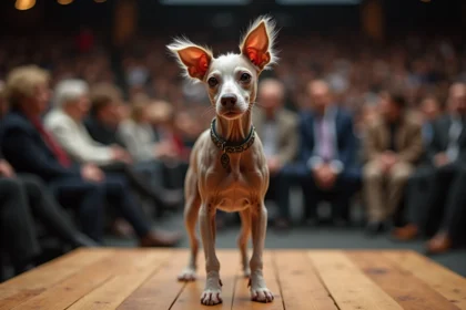Chien crêté chinois sans poils sur scène lors d'un concours du chien le plus moche