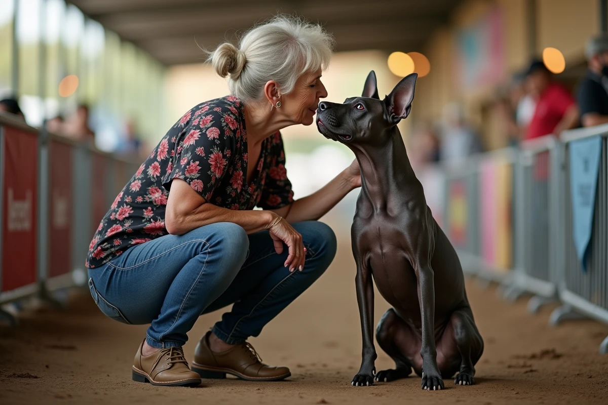 Femme âgée et son chien xoloitzcuintli sans poils partageant un moment complice en coulisses