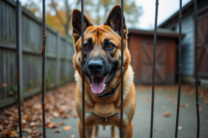 Chien musclé derrière une clôture en ville