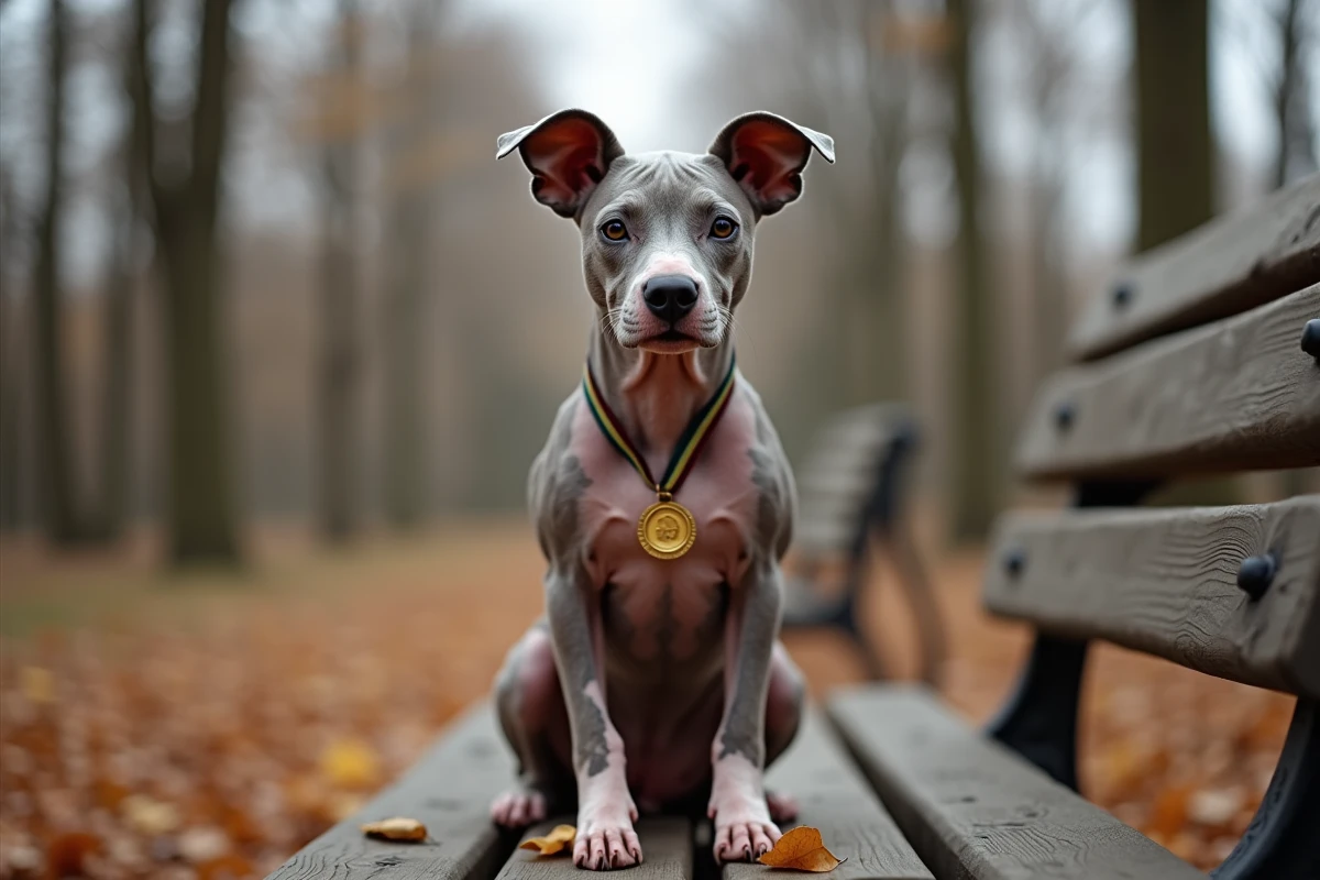 Chien sans poils au faciès asymétrique portant une médaille d'or sur un banc de parc en automne