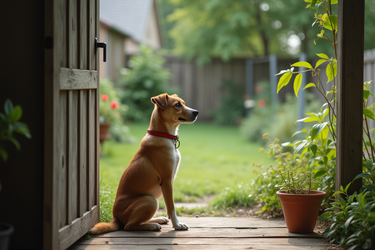 Jeune chien regardant la porte du jardin en été