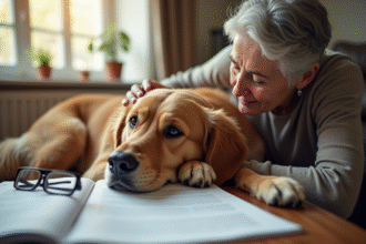 Chien retriever âgé confortablement installé dans un salon