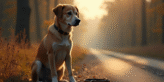 Chien triste assis seul près d'une route de campagne
