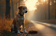 Chien triste assis seul près d'une route de campagne