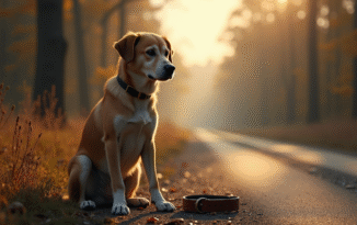 Chien triste assis seul près d'une route de campagne