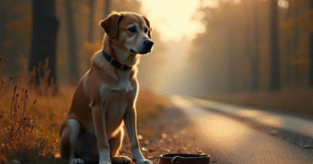 Chien triste assis seul près d'une route de campagne