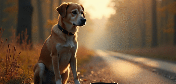 Chien triste assis seul près d'une route de campagne