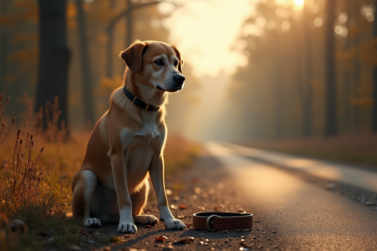 Chien triste assis seul près d'une route de campagne