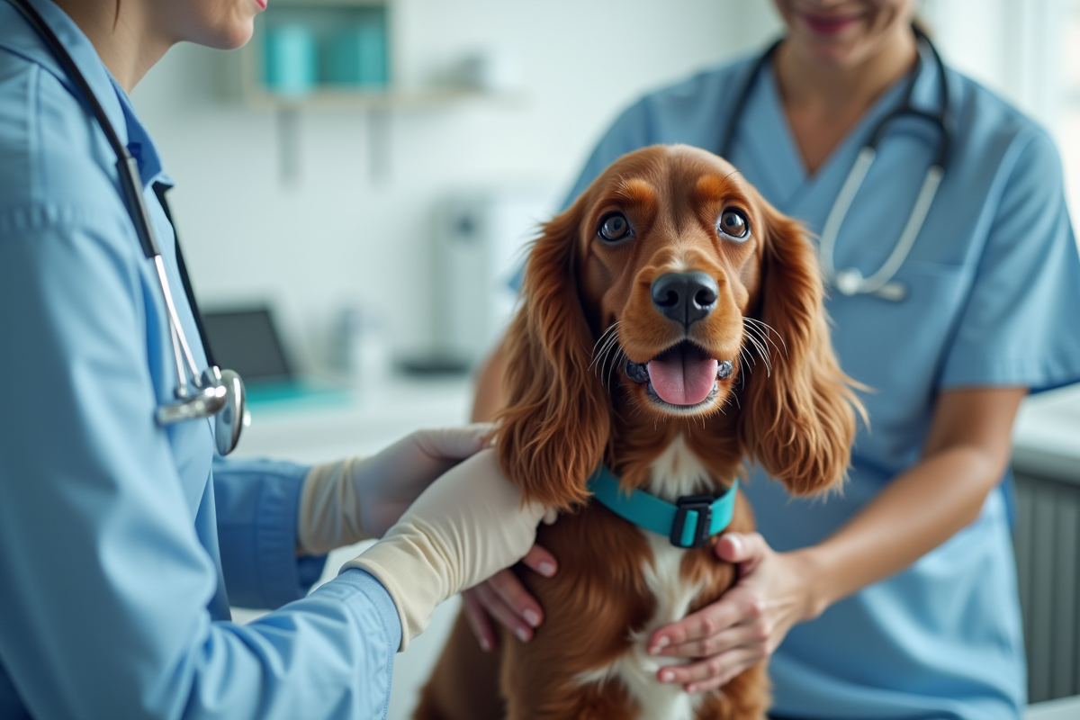 Cocker Spaniel chez le veterinaire lors d un examen