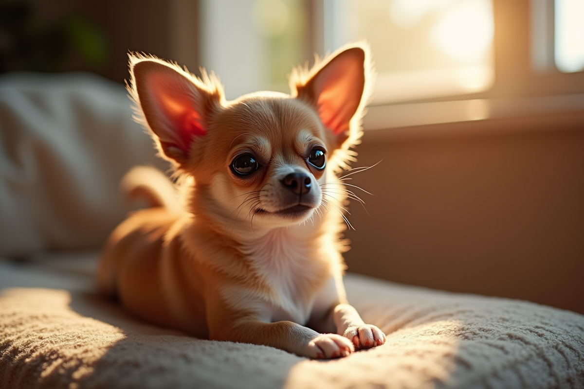 Chihuahua allongé sur un canapé au soleil chaleureux