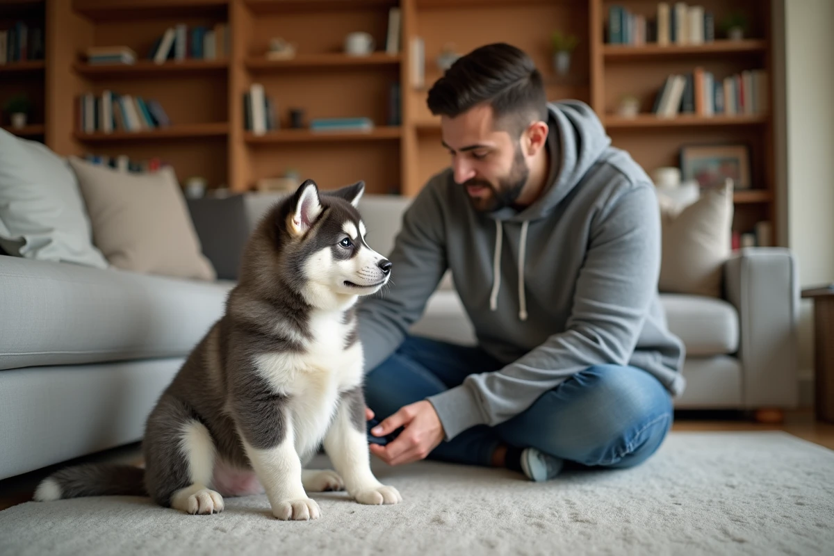 Chiot Akita Inu bringé bleu en séance de socialisation en intérieur avec son maître