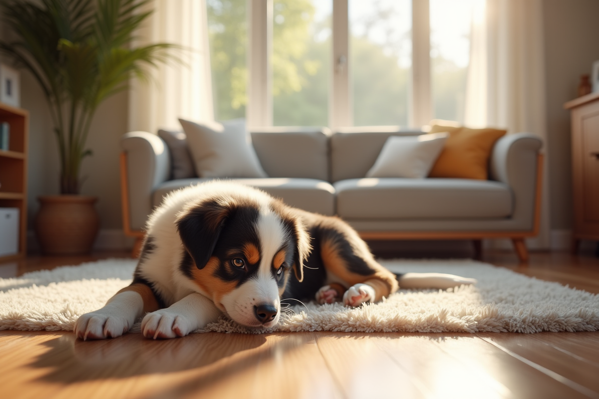 Chiot Australian Shepherd reposant dans un salon moderne chaleureux