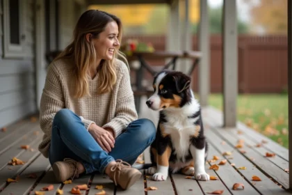 Jeune chiot Australian Shepherd assis avec une femme sur la terrasse