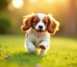 Chiot cavalier king charles courant dans le jardin ensoleille