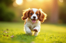 Chiot cavalier king charles courant dans le jardin ensoleille