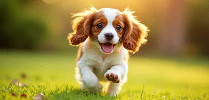 Chiot cavalier king charles courant dans le jardin ensoleille