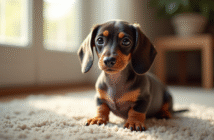 Chiot dachshund à poil lisse assis sur un tapis