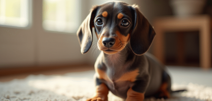 Chiot dachshund à poil lisse assis sur un tapis