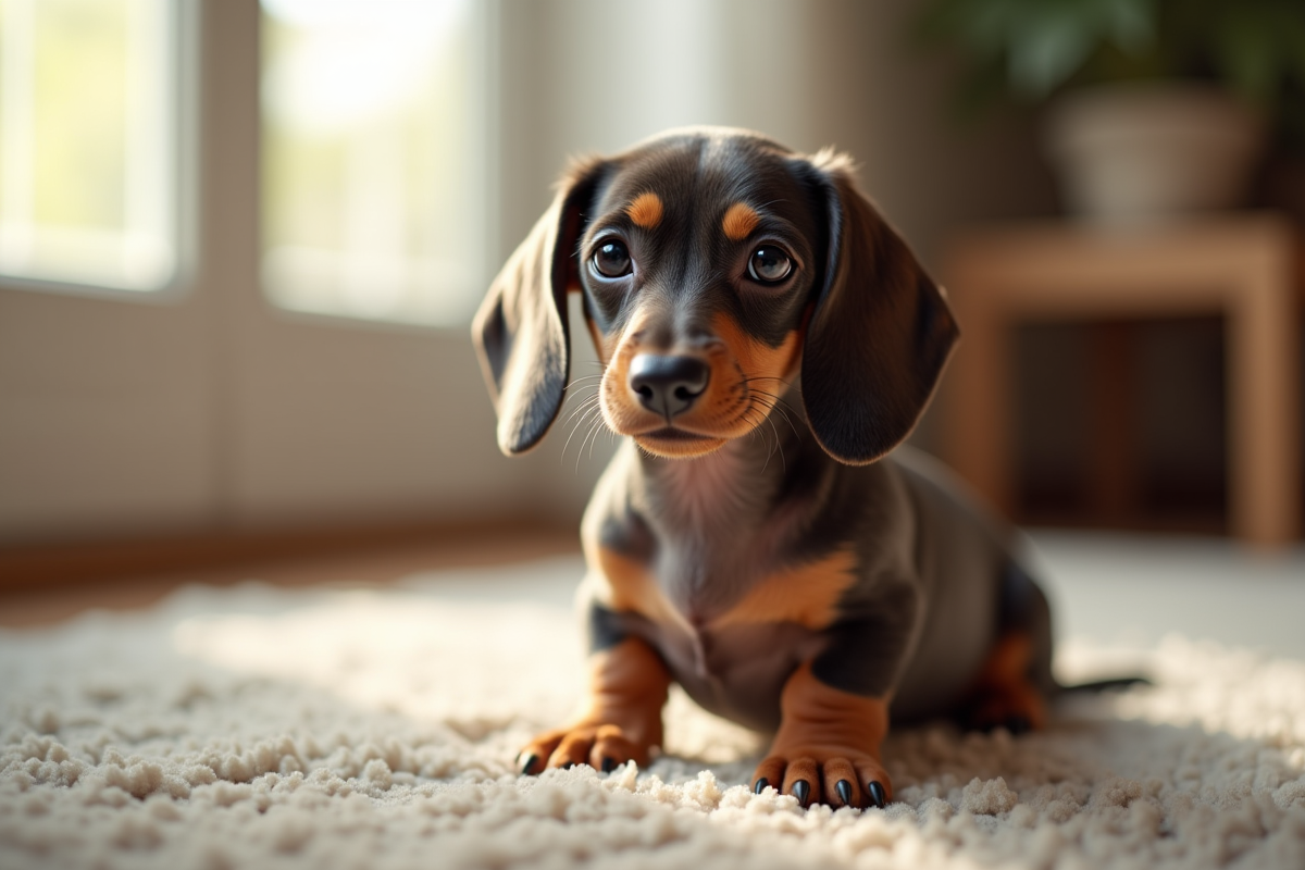Chiot dachshund à poil lisse assis sur un tapis