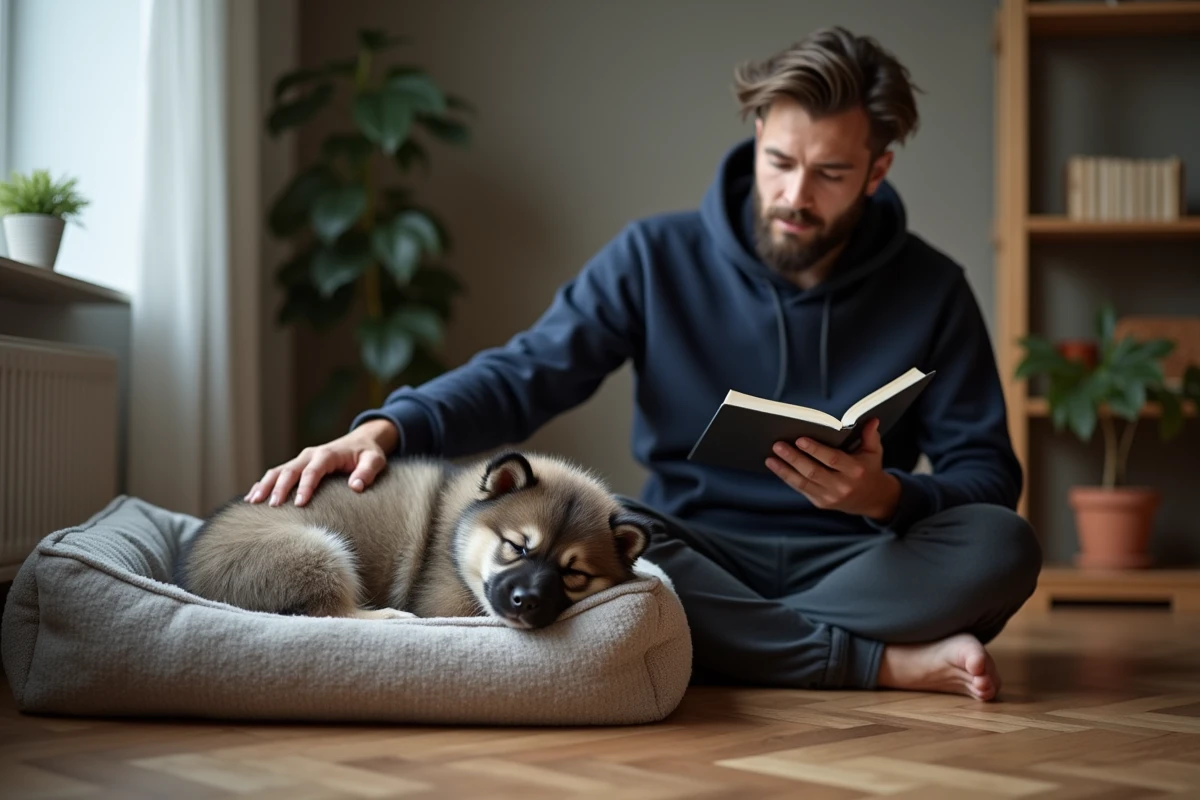 Chiot Eurasier gris et crème blotti sur un coussin près de son propriétaire dans un appartement moderne et organisé