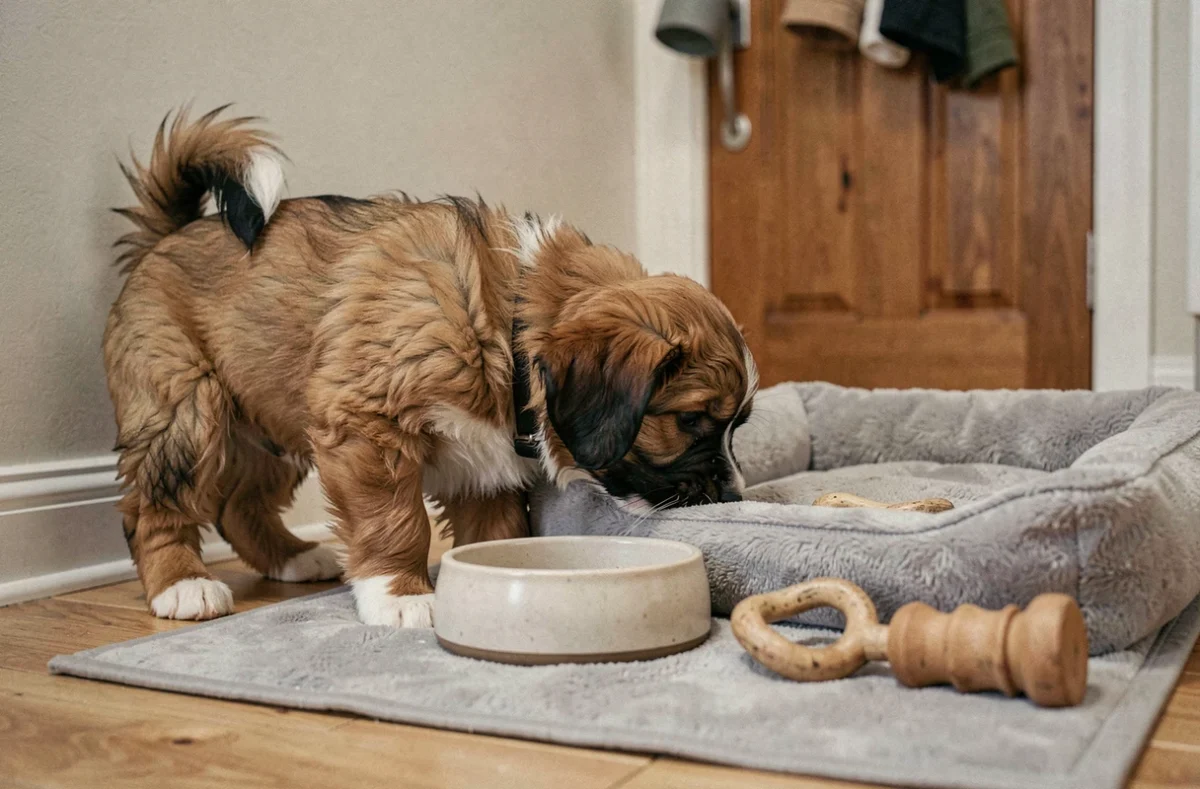 Chiot Eurasier découvrant son espace aménagé avec panier et gamelle dans un couloir d'entrée