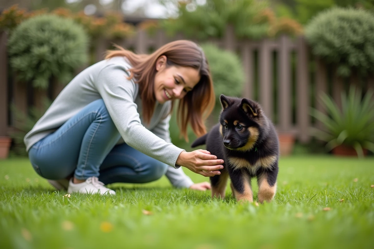 Jeune chiot Eurasier explorant un jardin verdoyant avec une femme agenouillée lui tendant la main avec tendresse
