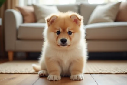Chiot Eurasier de 10 semaines assis sur un plancher en bois dans un salon chaleureux, regard calme et curieux vers l'objectif