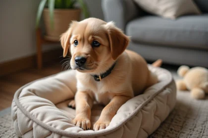 Chiot golden retriever assis dans un lit douillet