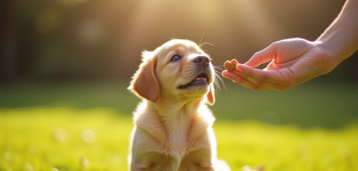 Jeune chiot golden retriever assis dans l'herbe en plein soleil