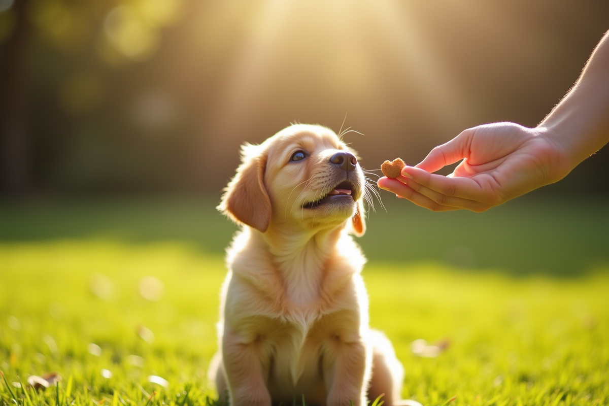 Jeune chiot golden retriever assis dans l'herbe en plein soleil