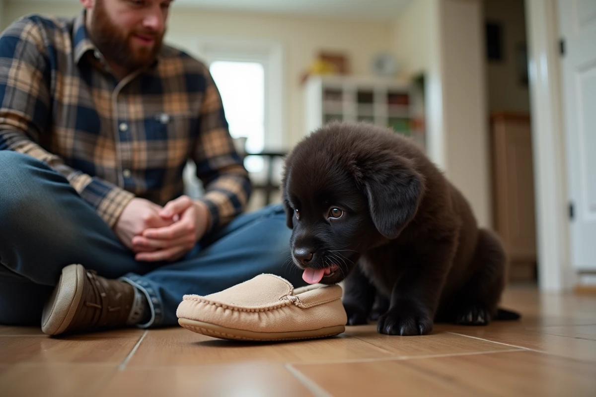 Chiot Newfoundland mordant une chaussure avec son père surpris