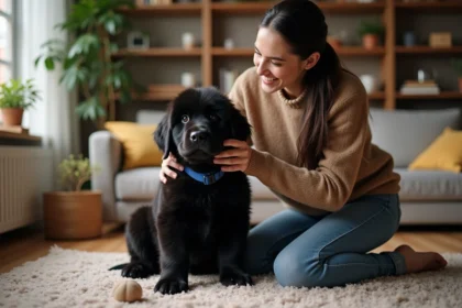 Chiot Newfoundland noir avec collier bleu et sa propriétaire