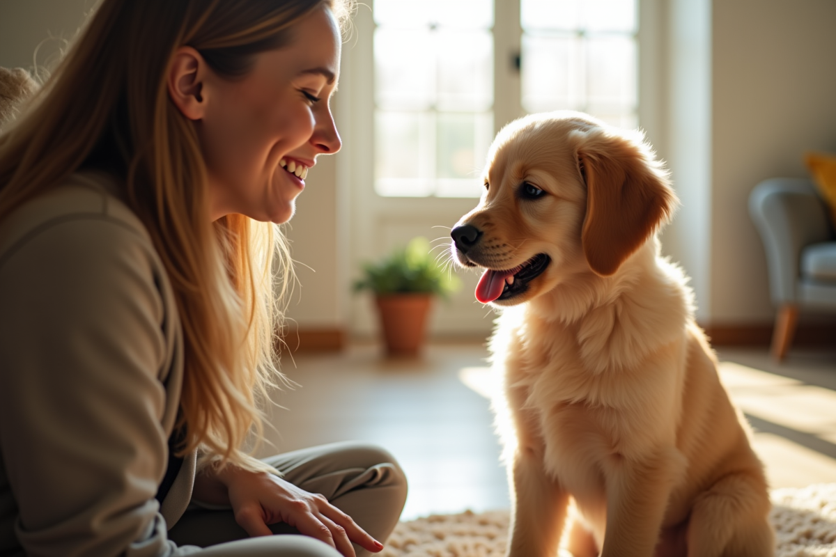 Chiot golden retriever répondant à un ordre à la maison