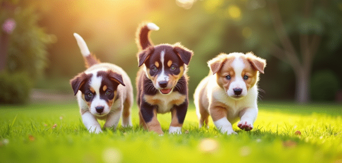 Groupe de chiots Australian Shepherd jouant dans un jardin ensoleille